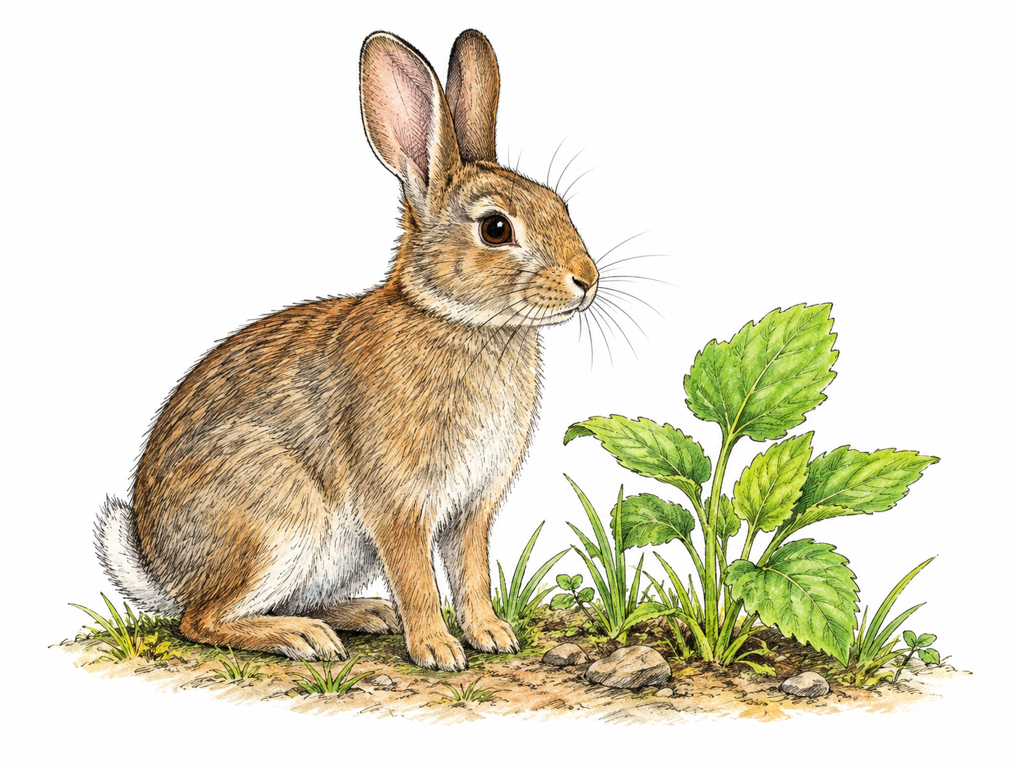 A small alert rabbit raises its ears beside a fresh green plant, visibly alive through natural posture and attention; no dead comparison or cartoon expression.