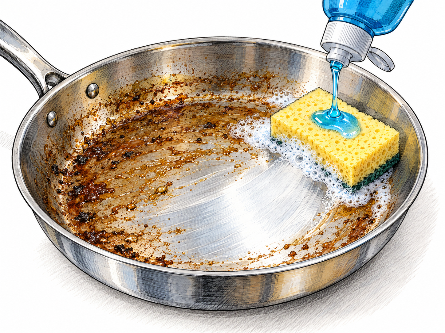 An unlabeled squeeze bottle dispenses dish detergent onto a sponge beside a greasy frying pan.
