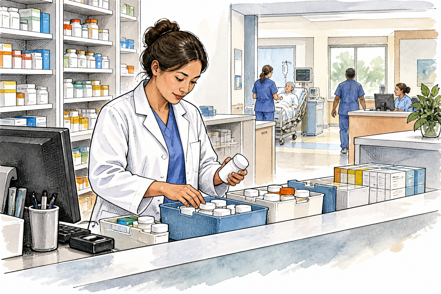 Small hospital pharmacy division with pharmacist sorting medicine separately behind counter while other care area visible beyond; no labels or text.