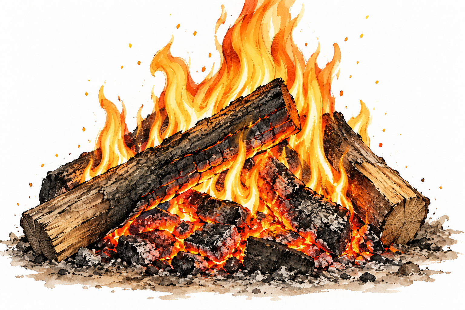 Close natural wood fire with orange flames light heat and glowing embers.
