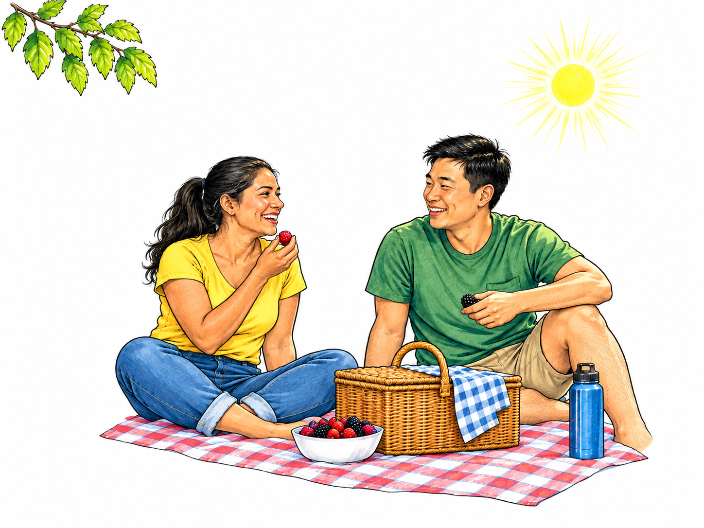 Adults picnic beneath small fully leafed tree in peak summer, ripe berries and blooming flowers beside blanket, bright high sun and lush warm-season cues; no calendar text.