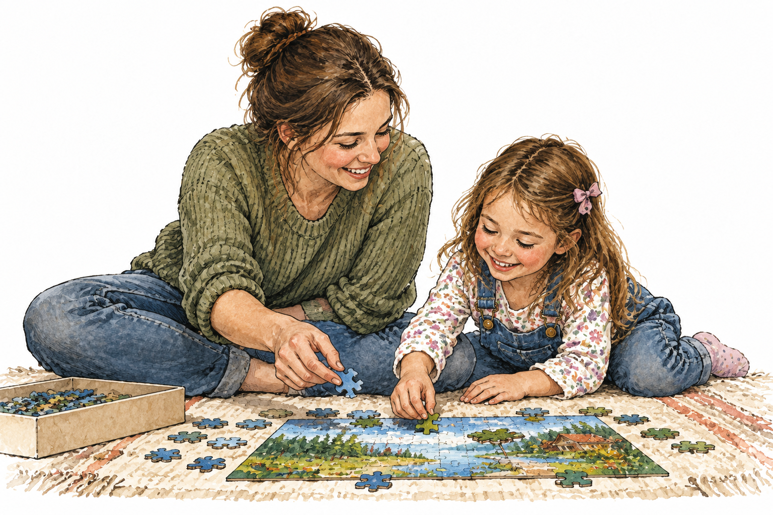 A parent and young daughter work on a puzzle together, warm relationship.