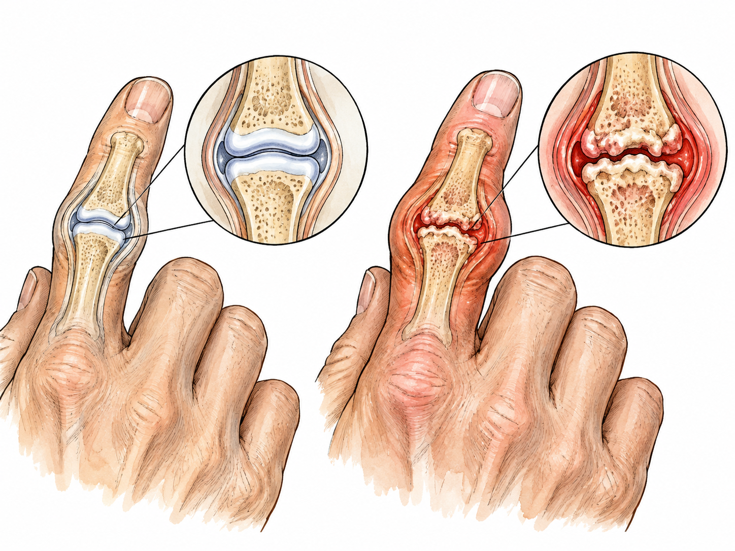 Medical comparison of healthy finger joint and swollen inflamed joint, cartilage and red inflammation distinct.