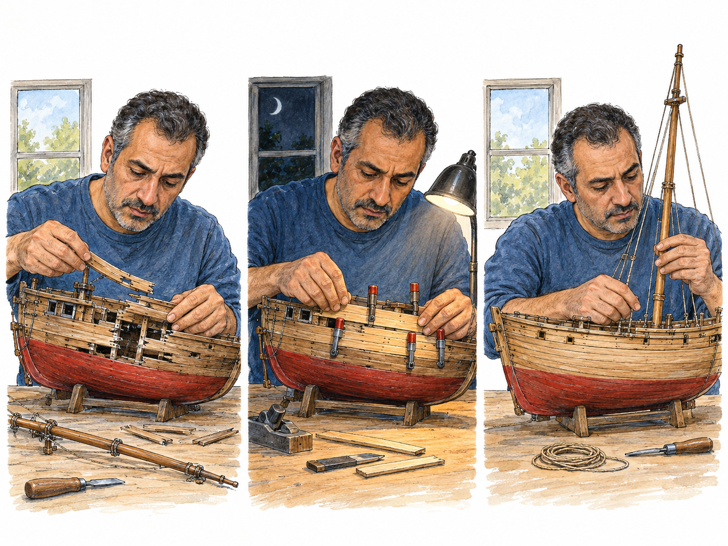 A compact three-stage sequence shows the same man devoting his time and effort to restoring a badly damaged wooden boat model, progressing from careful dismantling through extensive rebuilding to the final repair.