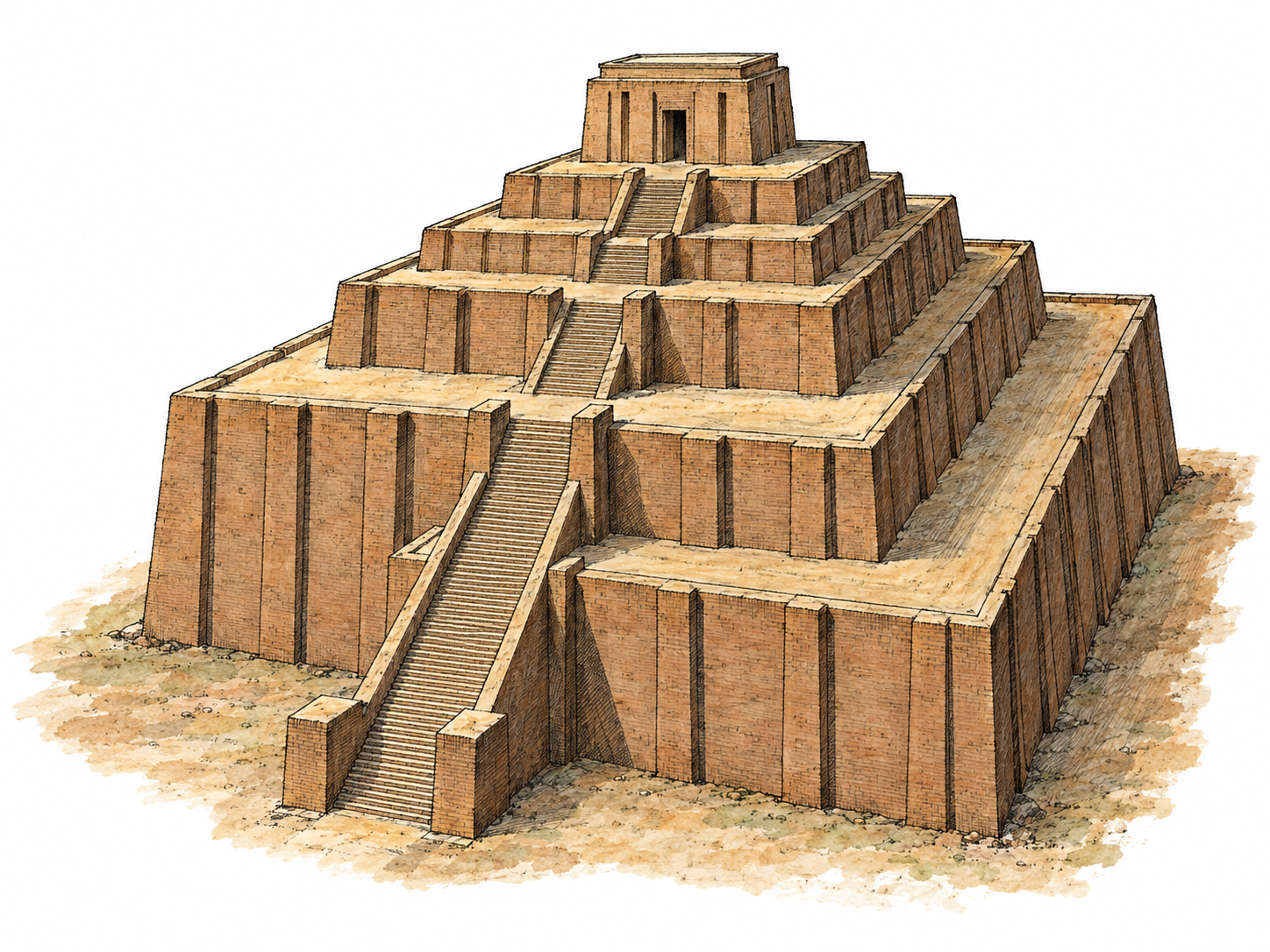 An ancient Mesopotamian mud-brick ziggurat shown in three-quarter view, with broad stacked terraces, a monumental stairway, and a small shrine on its summit platform.