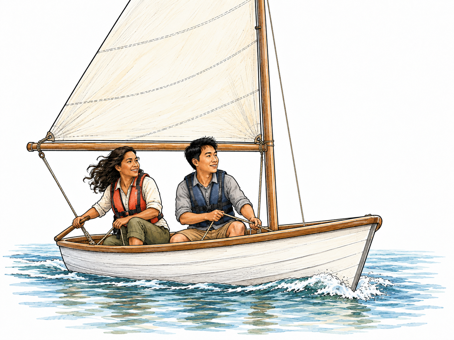 Two adults travel across calm water in a small simple sailboat with properly filled sail, water ripples and clear moving boat, no racing numbers.