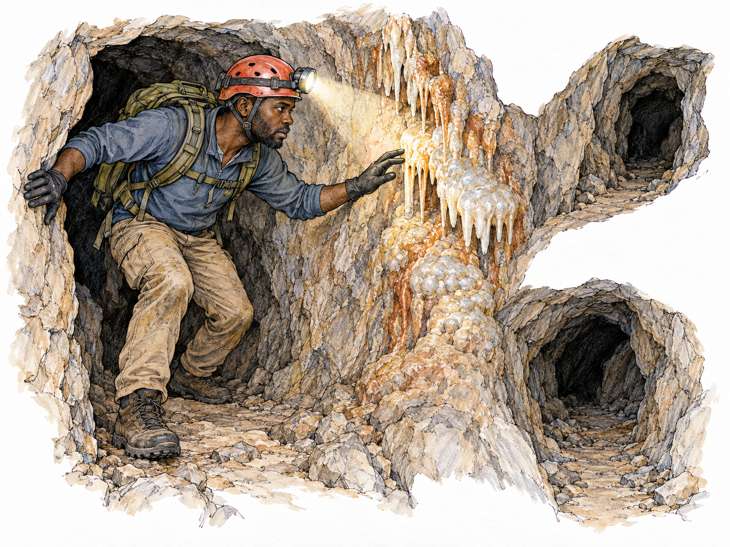 A cave explorer cautiously advances into a branching cavern, sweeping his headlamp across unfamiliar rock formations and closely examining them.