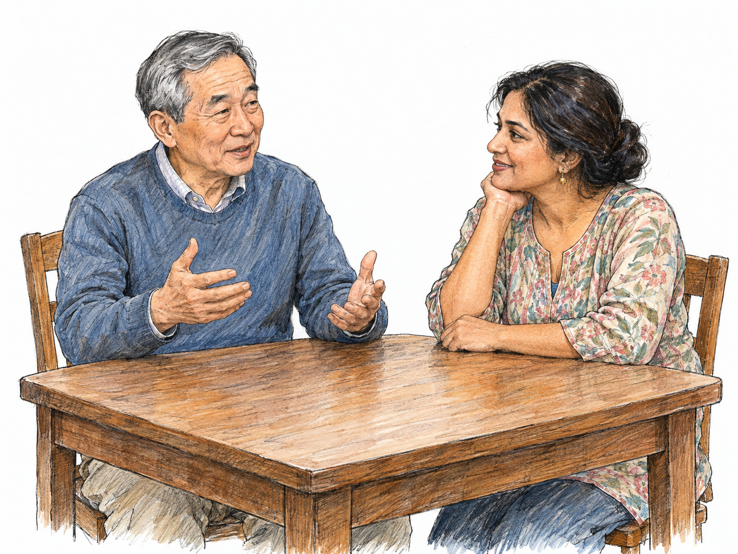 An older father at the head of a small family table, guiding a household discussion with his adult daughter-in-law listening attentively.