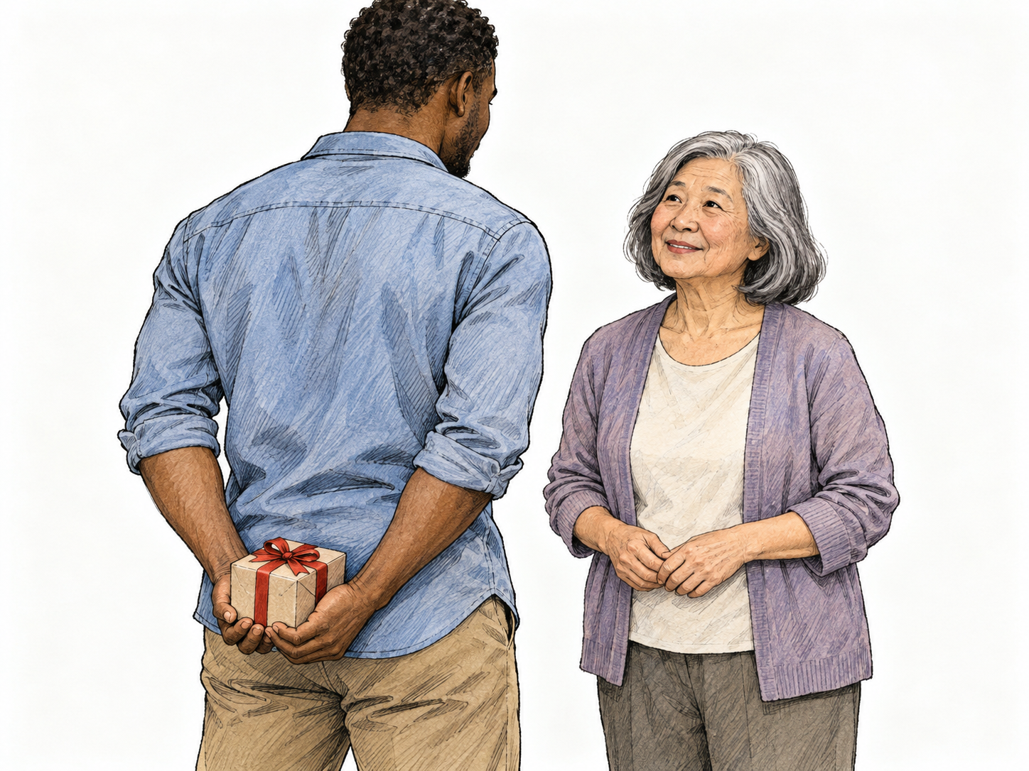 A man conceals a small wrapped gift behind his back while facing a woman who cannot see it; a rear three-quarter view lets the viewer see the hidden object.