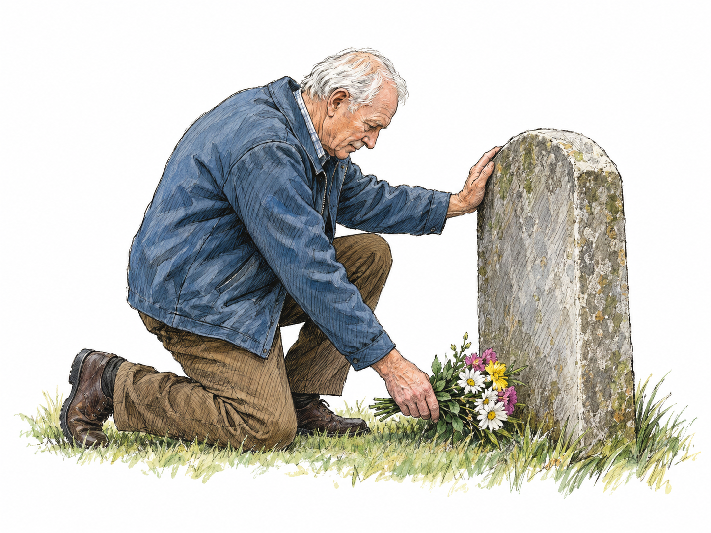 An older man kneels to place fresh flowers at a weathered grave, his bowed head and gentle touch visibly honoring someone who has died.