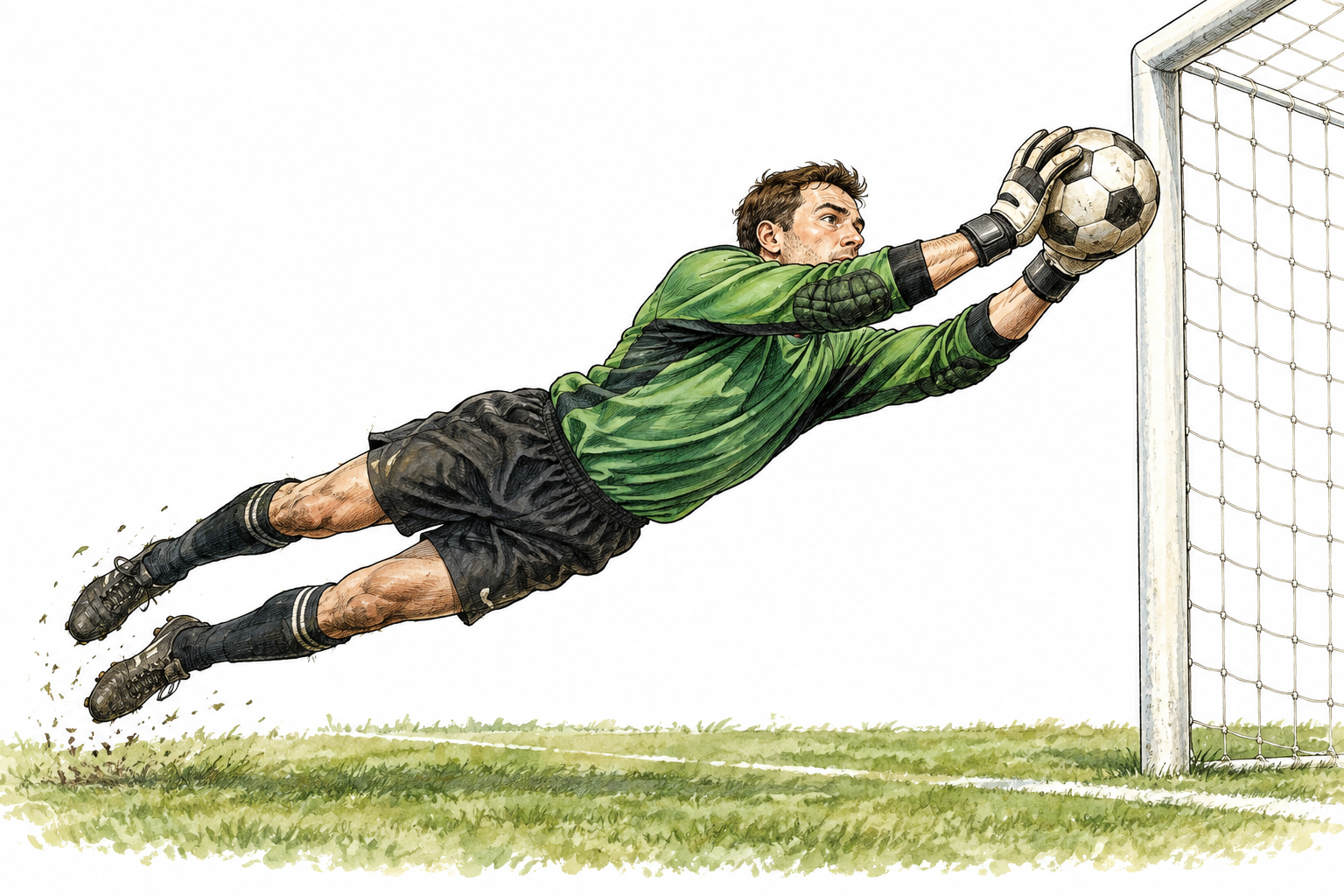 A goalkeeper with padded gloves catches a fast incoming ball before it reaches the goal, person acting as interceptor.