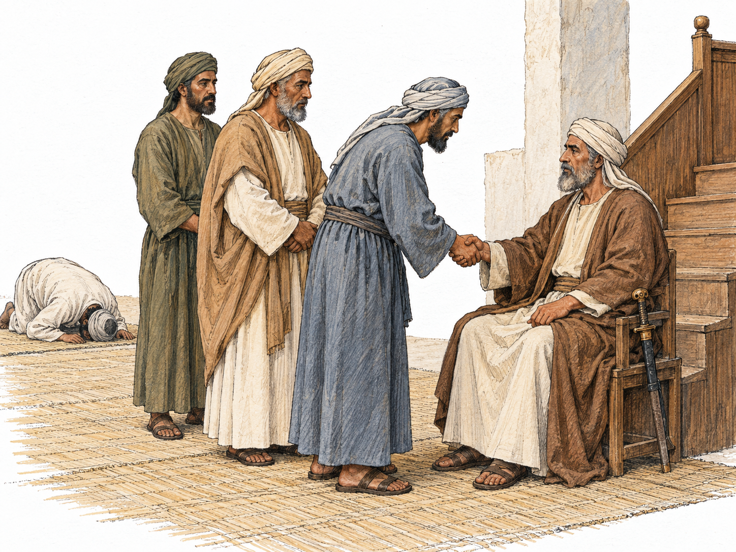 An early caliph receives allegiance beside a mosque pulpit, combining political authority with leadership of the Muslim community.