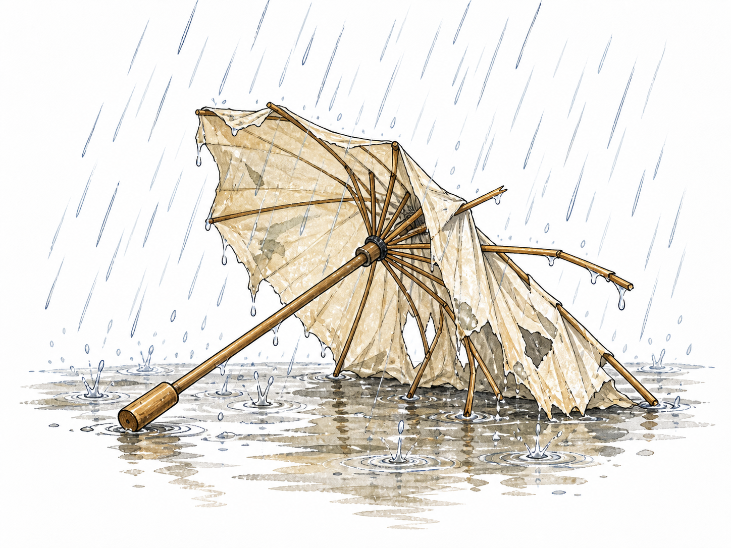 A heavy rain shower renders an unprotected paper umbrella unusable, sagging paper and broken ribs visibly change its state; no people in danger.