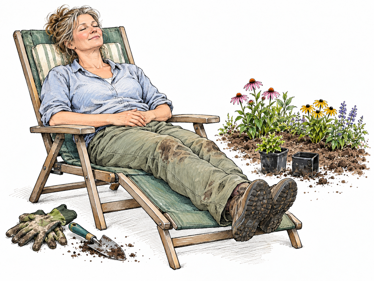A gardener takes a restful break in a reclining garden chair beside visibly interrupted planting work: muddy gloves and a trowel lie beside a partly planted flowerbed.