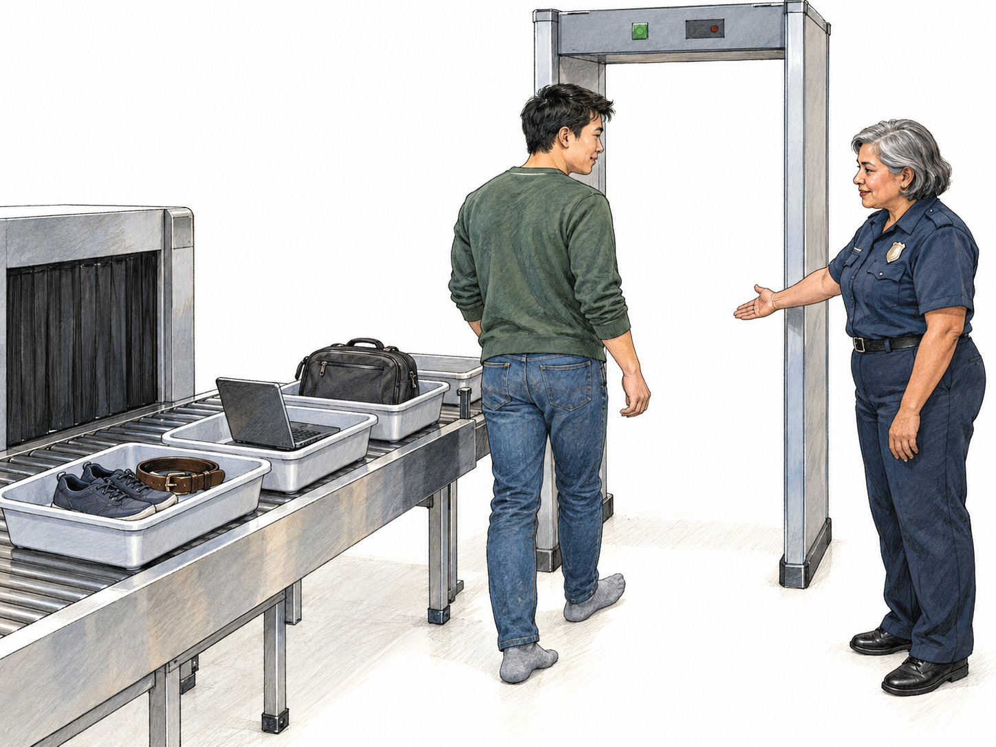 A traveler follows the prescribed screening procedure at an airport checkpoint: shoes, laptop and belongings are placed separately in inspection trays while a uniformed officer directs him through the screening gate.