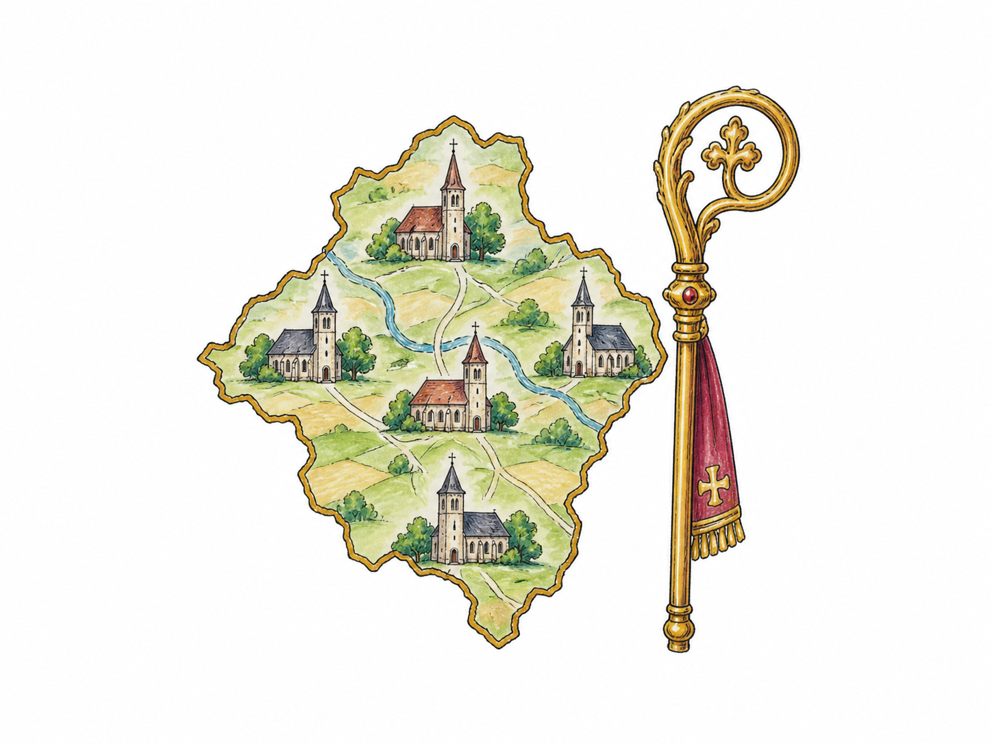 Small map of several churches enclosed in one district outline with a bishop's crozier beside map, no labels.
