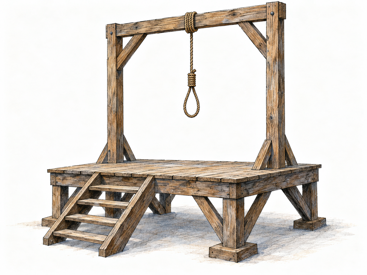 An empty wooden gallows: two upright posts supporting a crossbeam, with a single rope noose suspended above a raised wooden platform.