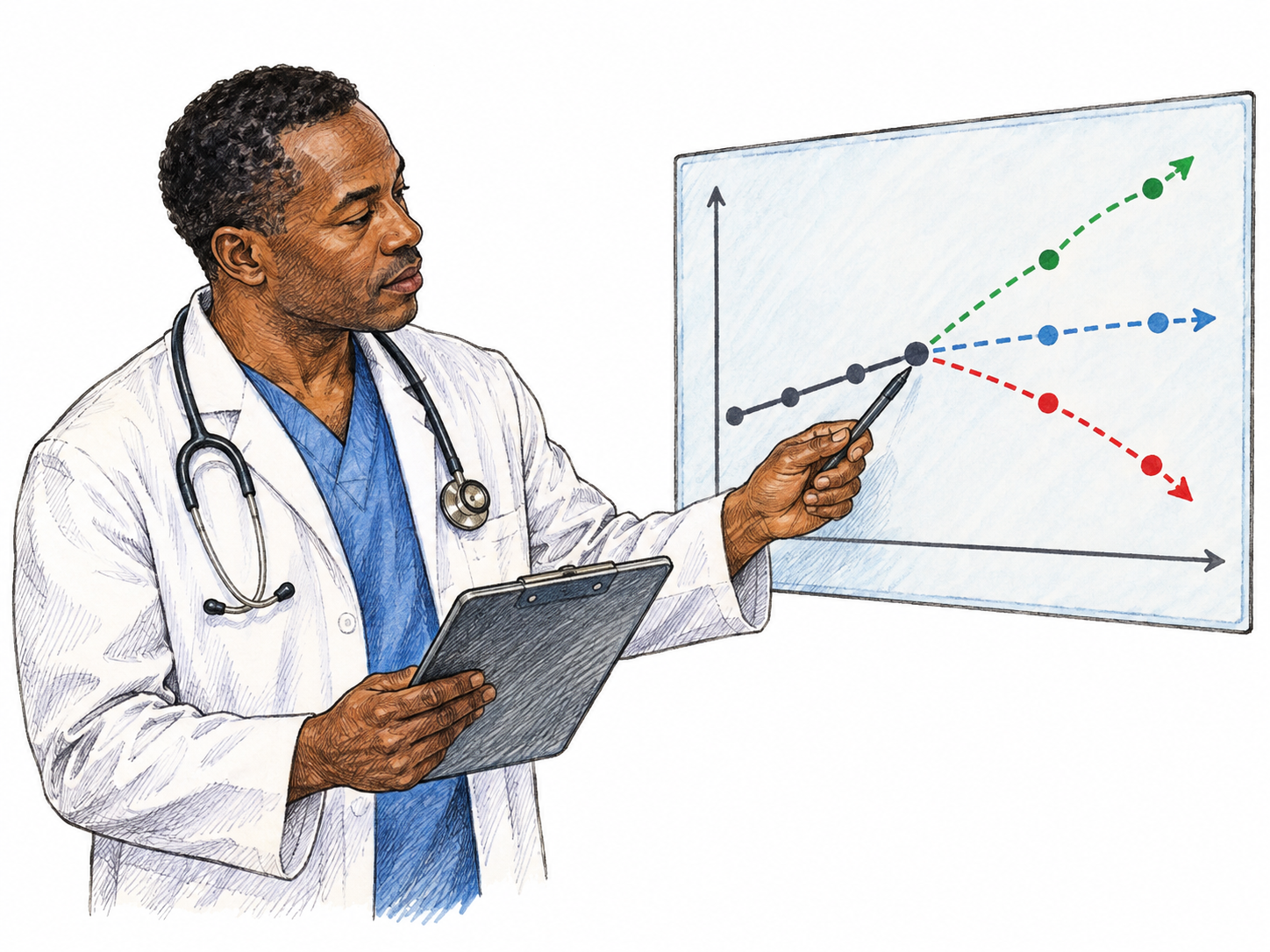 A clinician compares a current test-result pictogram with dotted possible future trajectories, emphasizing predictive significance; no diagnosis, treatment advice, percentages or labels.