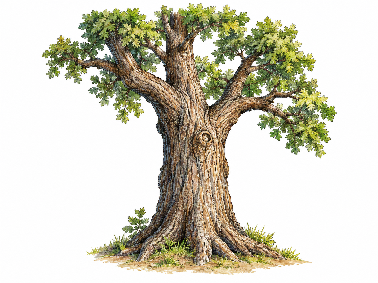 A mature oak shown with trunk as dominant central feature, visible thick main stem rising from roots into first branches, small leafy crown; isolated tree vignette.