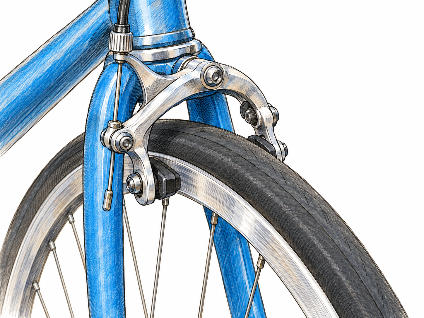 Close-up of a bicycle rim brake with its two rubber pads pressed against the wheel rim, making the stopping device and its contact mechanism clearly visible.