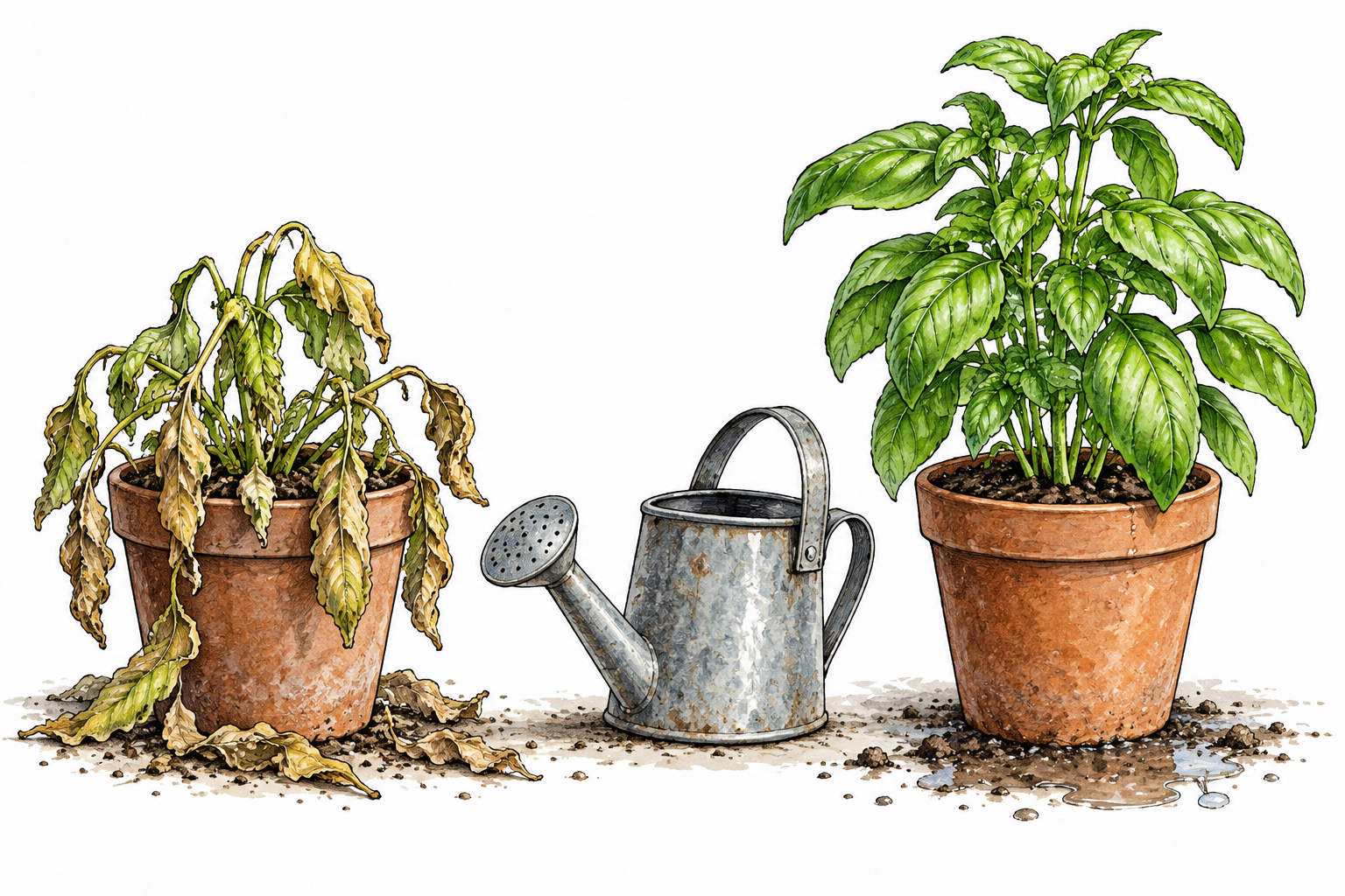 A wilted plant beside a dry watering can and a healthy watered plant show lack of water as a reason for wilting.
