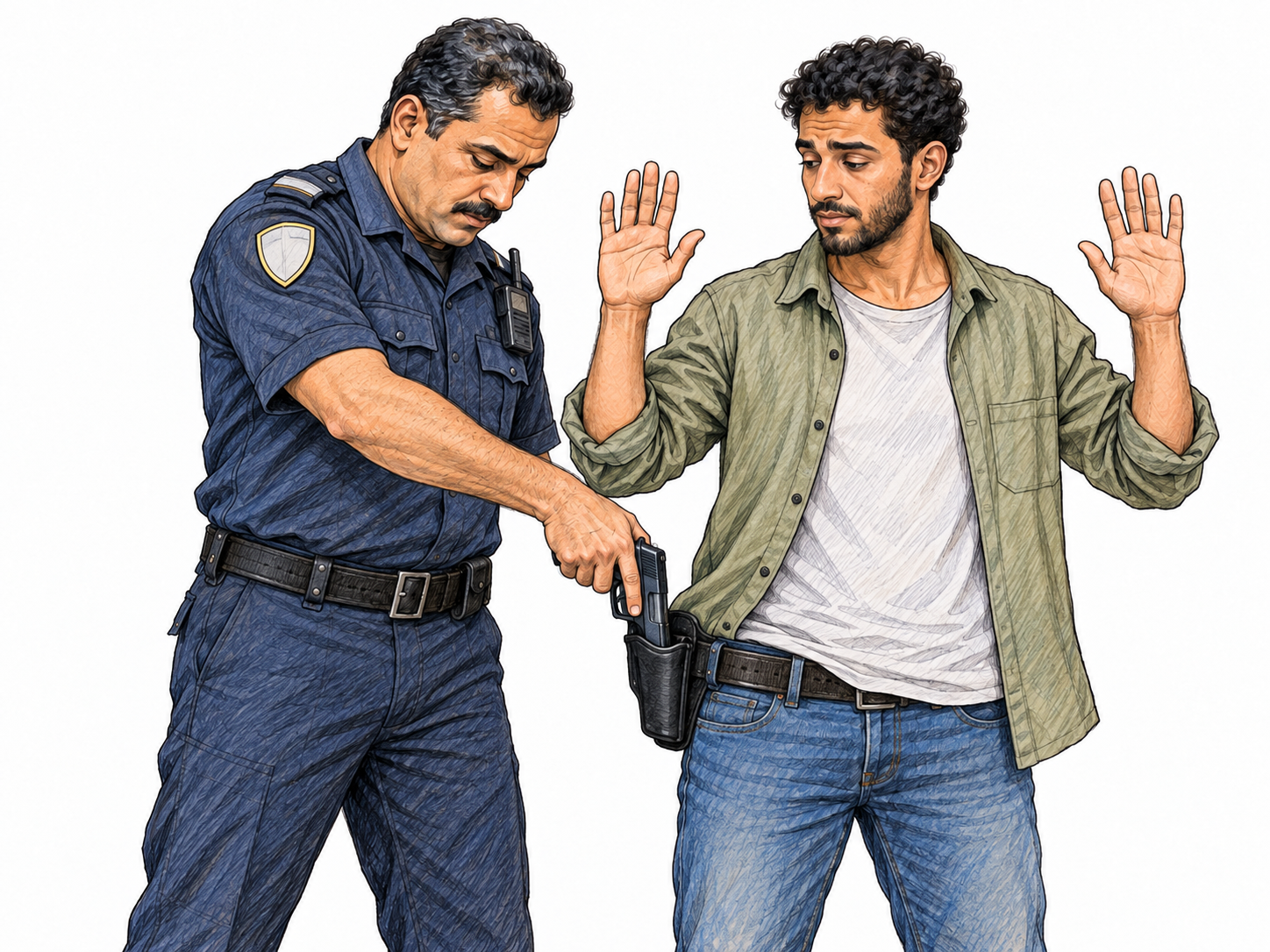 A uniformed officer removes a handgun from a compliant man's belt holster while the man holds both empty hands raised.