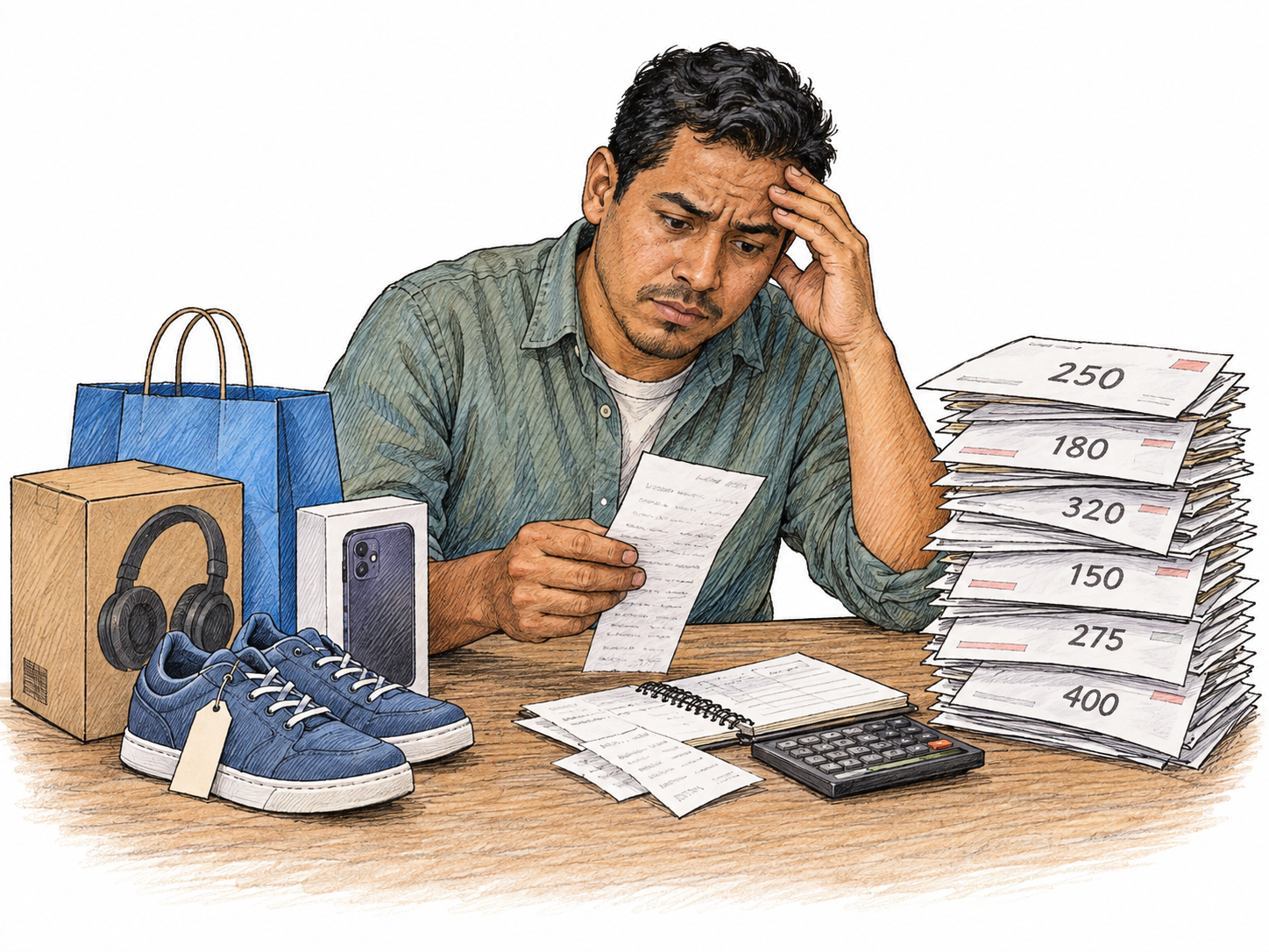 An adult accepts several purchases on account and then sees a growing pile of unpaid bills represented by simple numeric amounts; incurred debt caused by prior action, no financial advice.