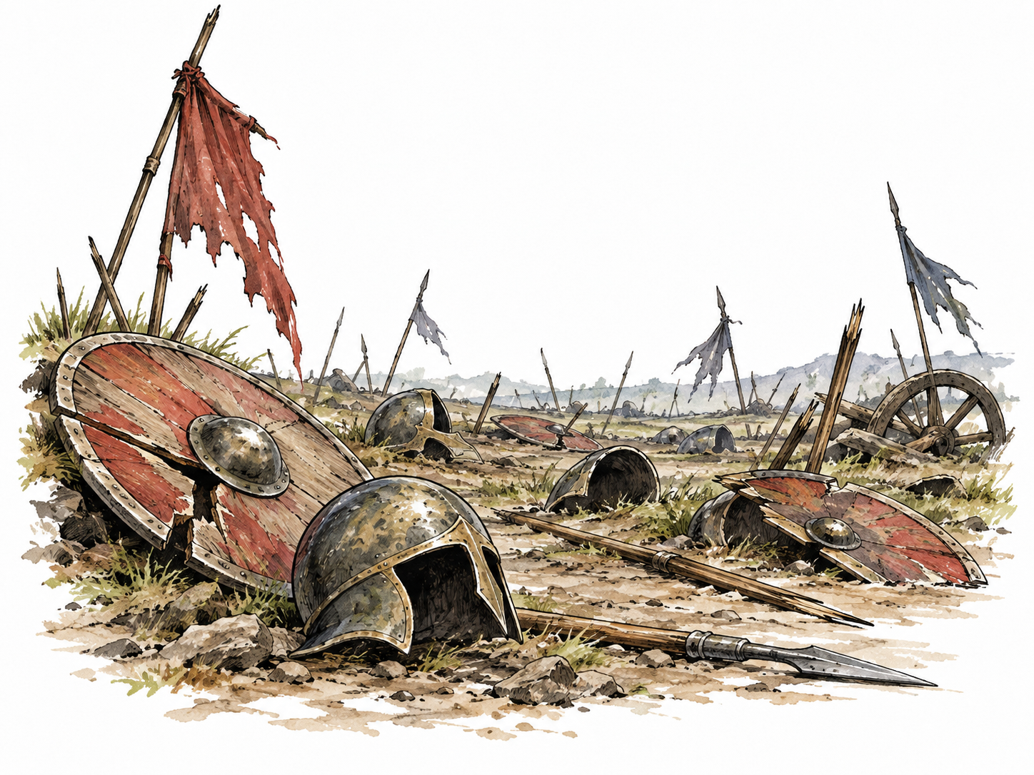 Quiet aftermath of a historical battlefield with many empty helmets and broken shields, symbolic mass loss, no bodies or gore.