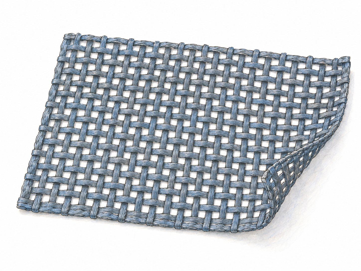 A close view of a flexible sheet of woven mesh, partly curled back, clearly showing connected strands and many small open spaces.