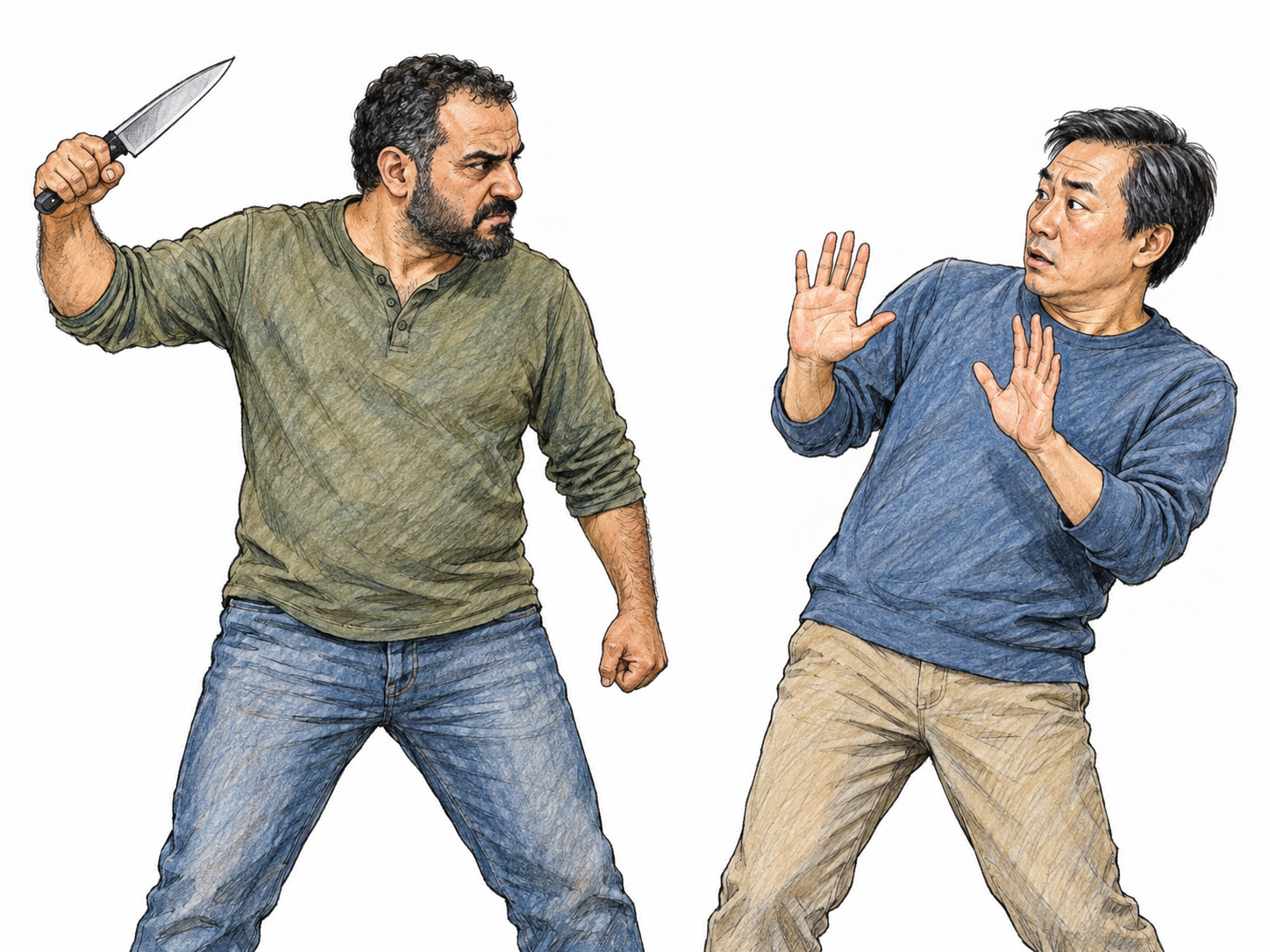A scowling man raises a large knife threateningly toward an unarmed man, who recoils with open defensive palms.