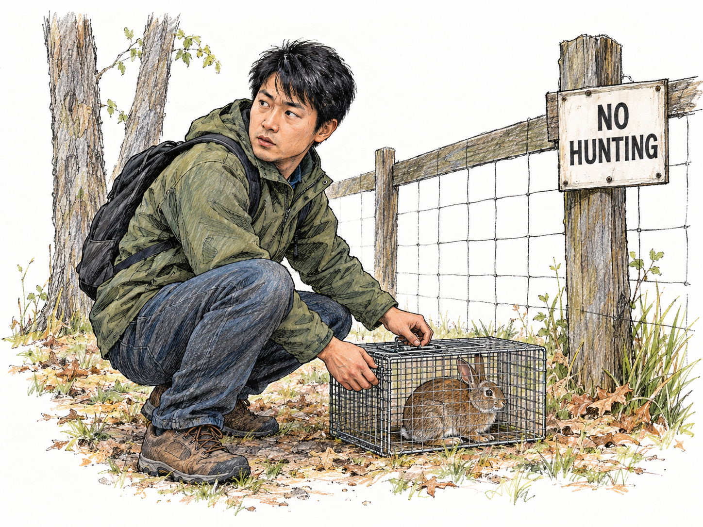 A trespasser crouches beside a captured rabbit just inside a fenced private woodland, looking back toward the fence.