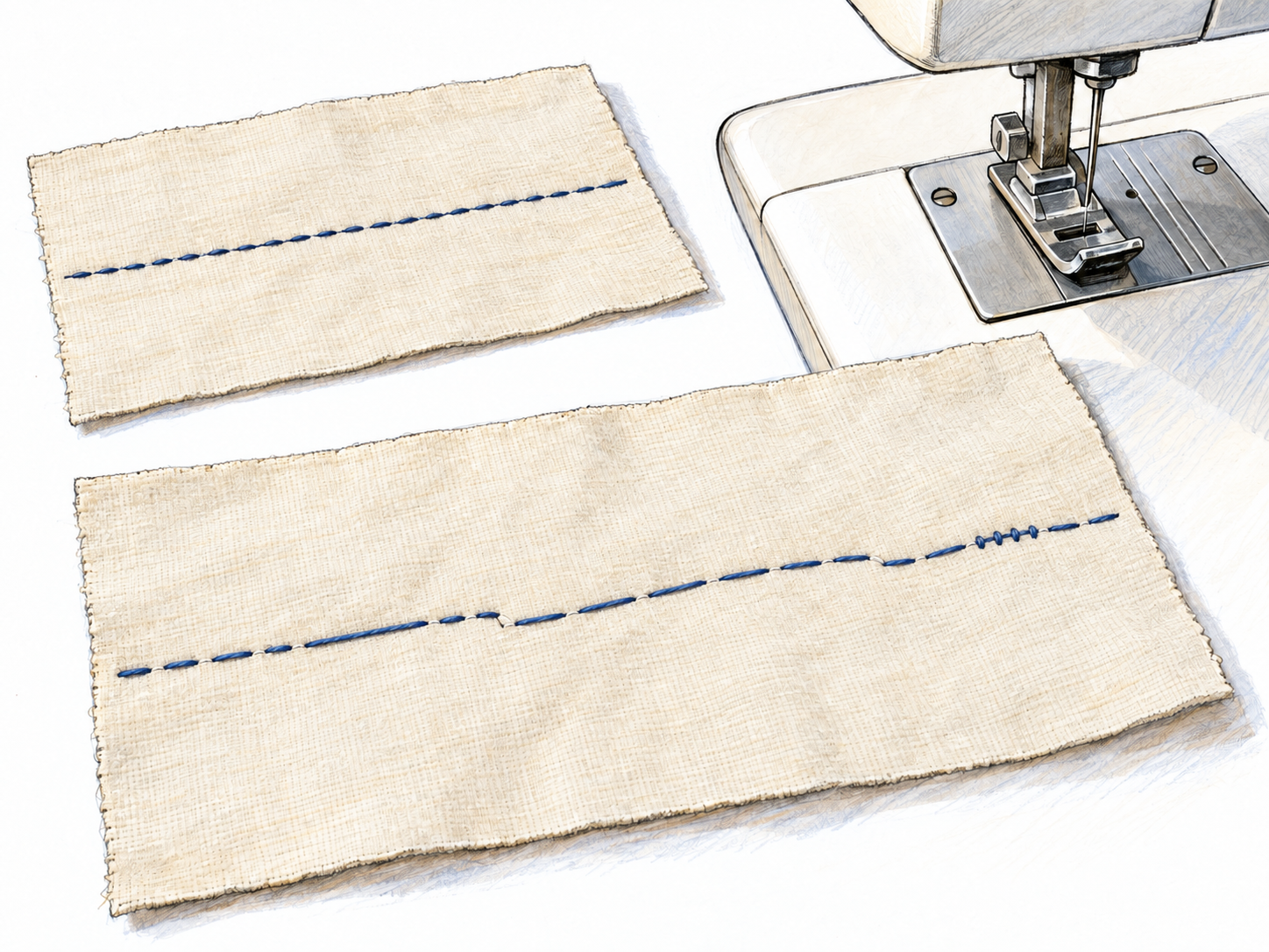 Two matching fabric swatches beside a sewing machine contrast a steady, evenly spaced seam with a conspicuously erratic seam whose stitch lengths and alignment change irregularly.