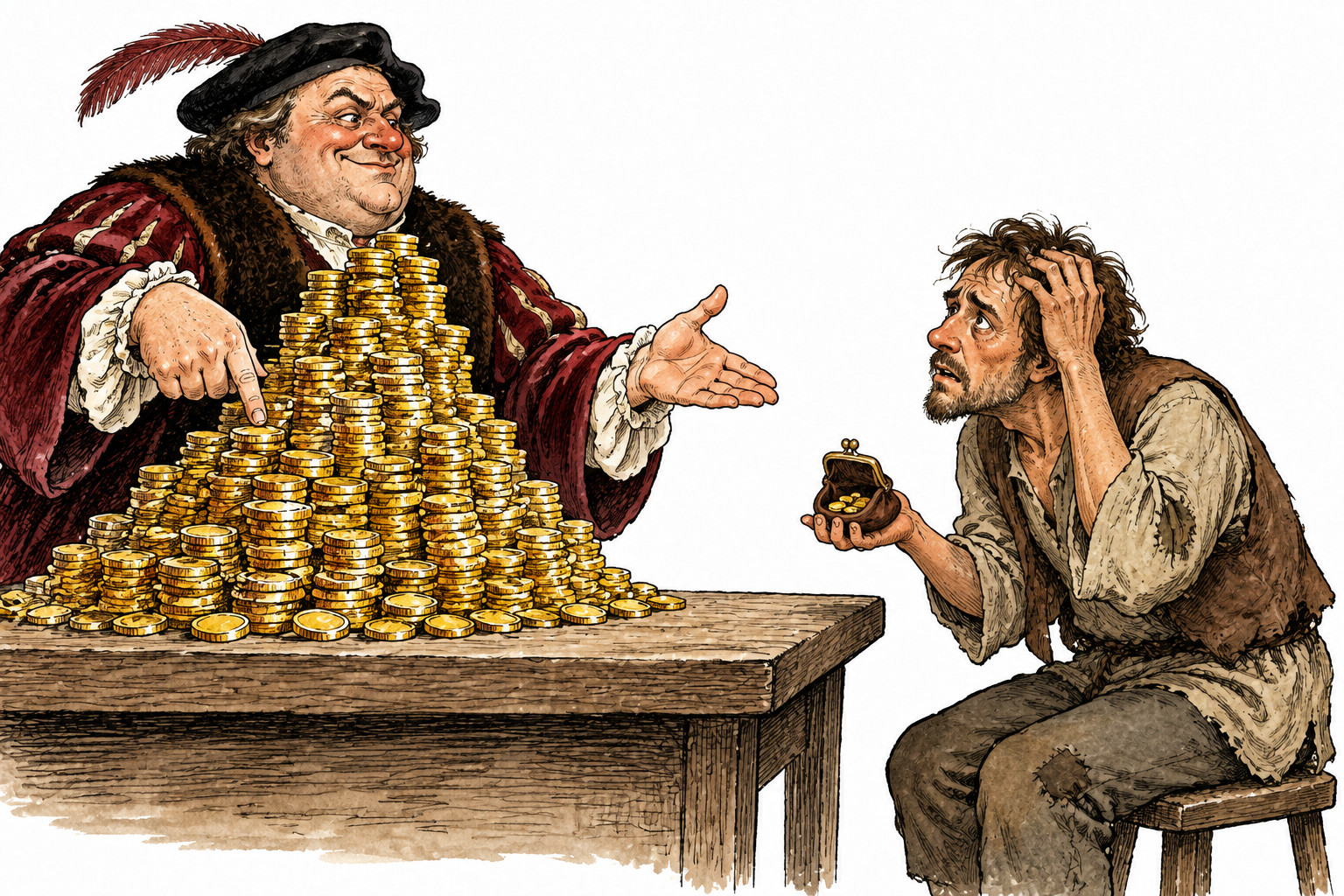 An unfair lender demands an enormous pile of coins in return for a tiny loan, distressed borrower has only a small purse, visual imbalance no numbers.