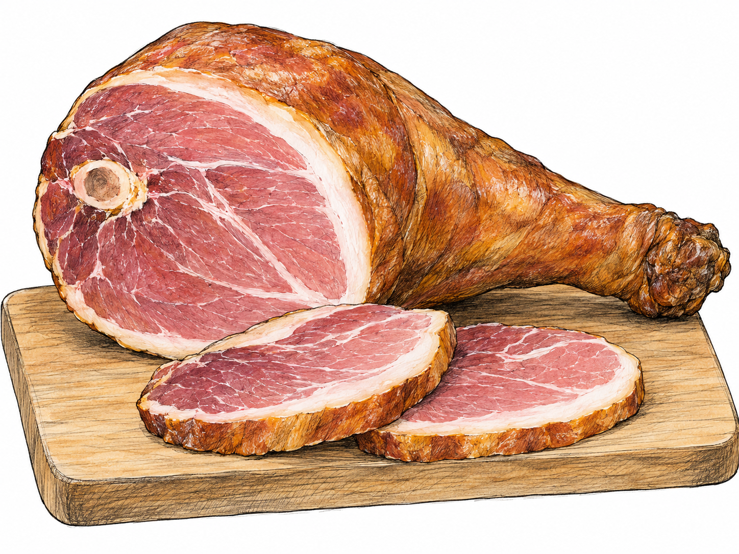 A whole smoked, bone-in pork hind-leg ham with a cut face and two thick slices, making its leg shape, smoked rind, and cured pink flesh immediately visible.