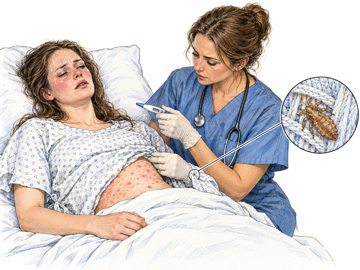 A seriously ill, feverish patient with a reddish trunk rash lies in bed while a clinician examines her; a magnified detail of a body louse in the patient's clothing seam makes the insect-borne disease cue visible.