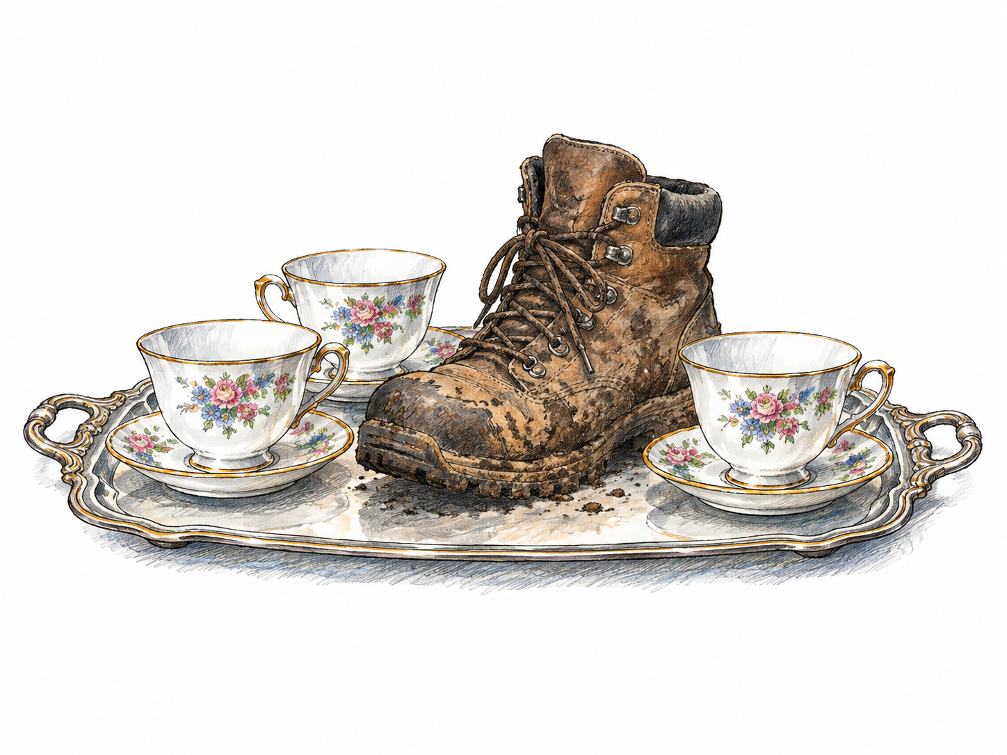 A single muddy hiking boot sits incongruously among three elegant porcelain teacups on a neat tray, clear out-of-place object; no people or captions.