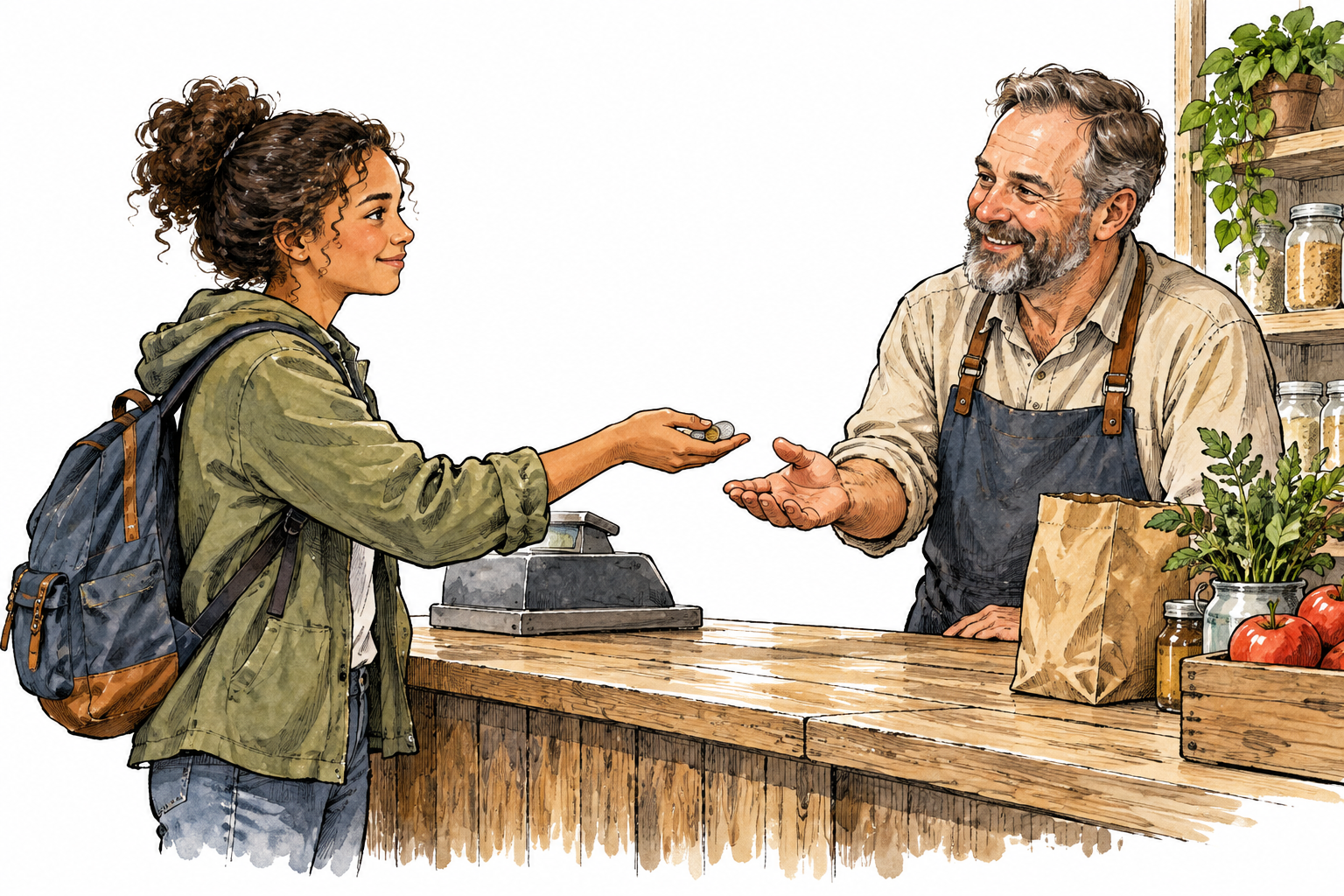 A person returns an accidentally overpaid coin to a shopkeeper, illustrating a guiding honesty principle.