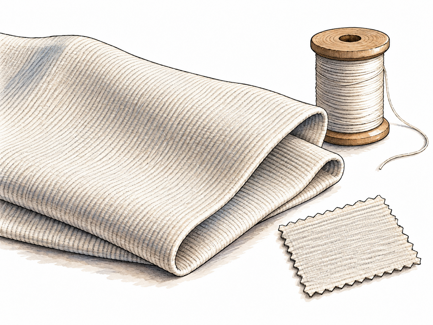 A close fold of smooth cotton poplin with fine crosswise ribs, spool and small fabric swatch nearby.