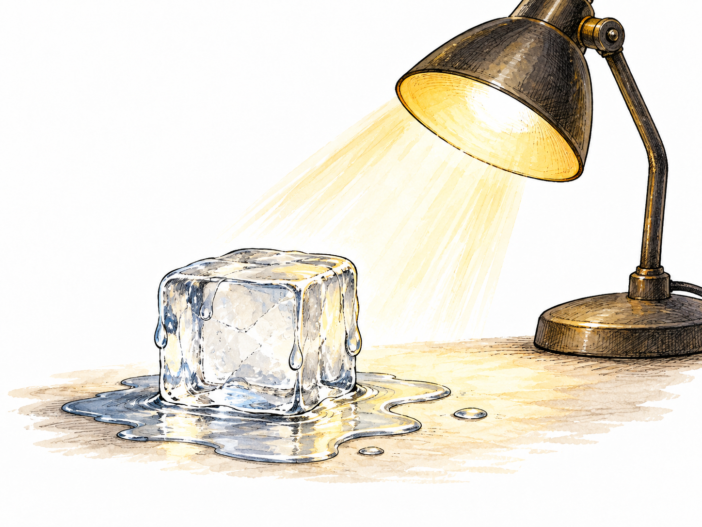 A clear ice cube visibly melts into water under a warm lamp, directly observable fact.