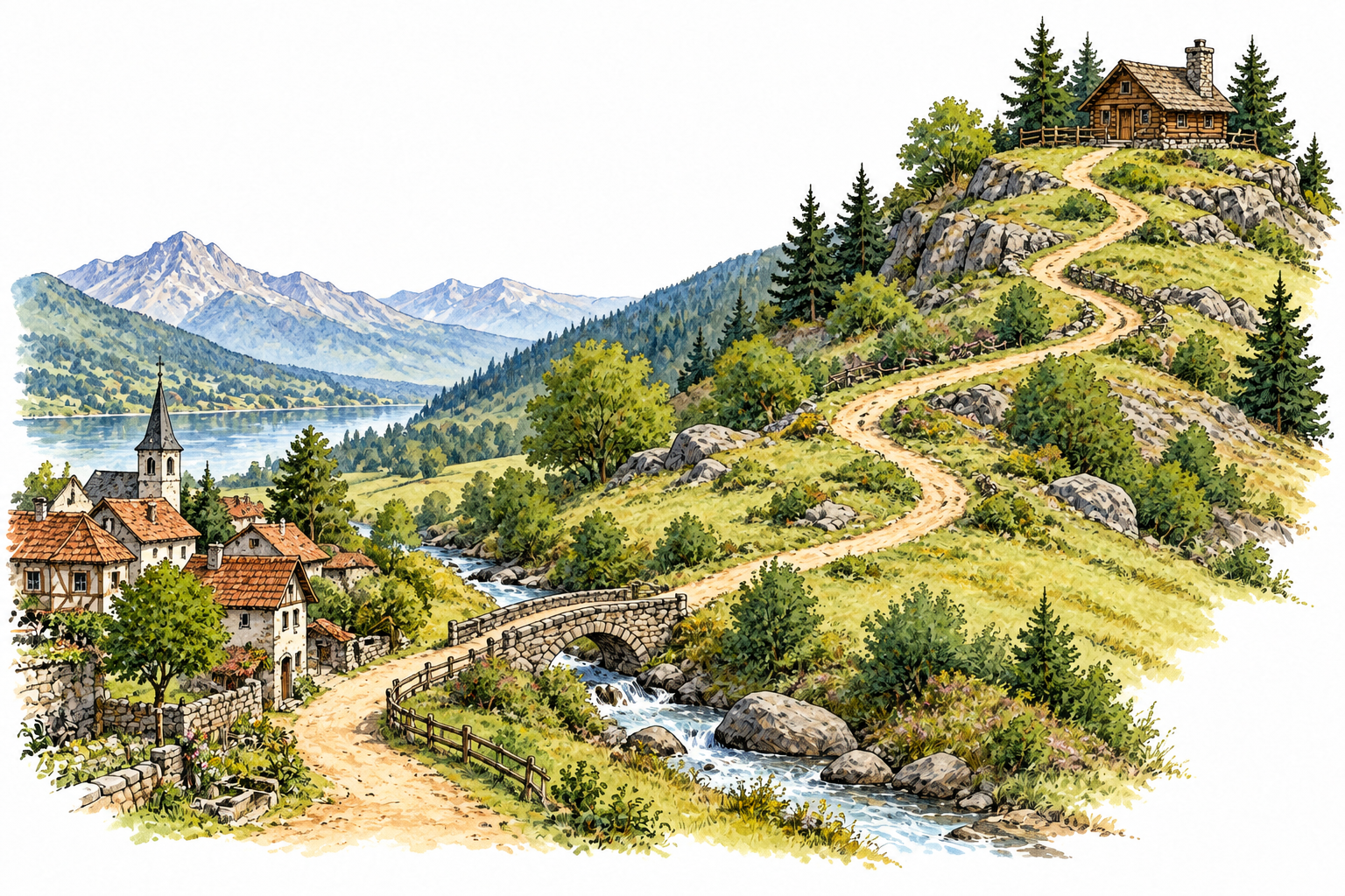 A winding path visibly connects a village to a hilltop cabin, clear destination and course, no labels.