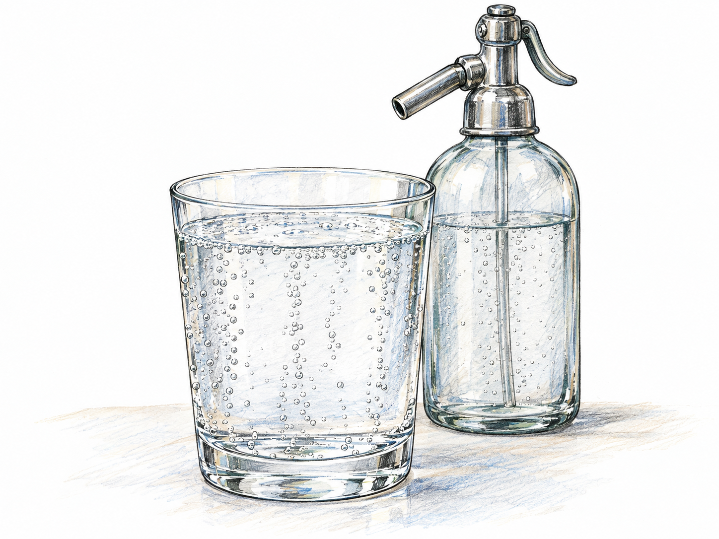 A clear soda siphon beside a freshly filled glass of plain sparkling water, with numerous fine bubbles rising through the colorless water.