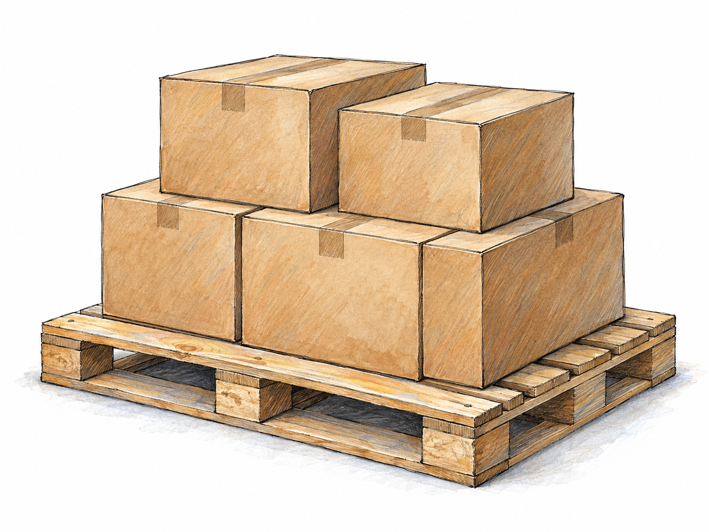 A low wooden shipping pallet supporting a neat stack of plain cartons, shown from a three-quarter angle so its slatted platform and fork-entry openings are clearly visible.