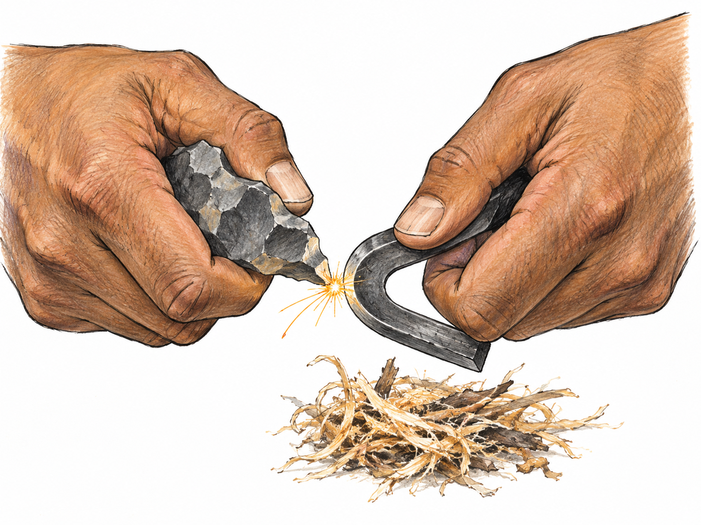 Hands strike flint and steel, one small vivid orange spark suspended between tool edge and tinder, focus on tiny fiery particle with thin motion line, no large flames, isolated white.