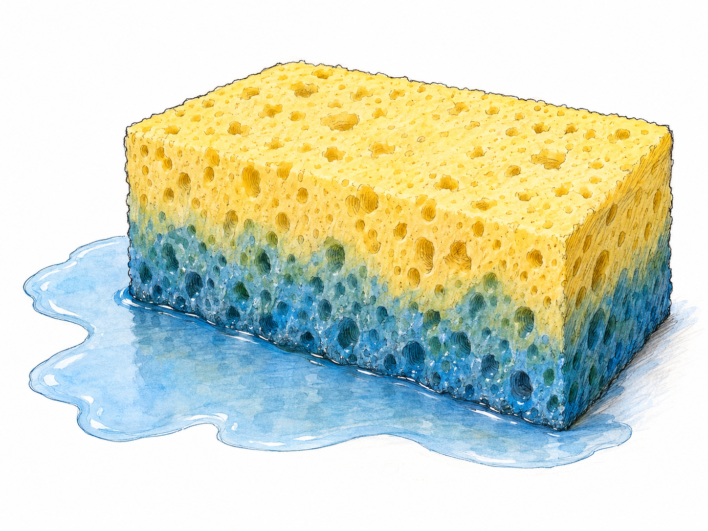 A pale yellow porous sponge rests partly in a small puddle of blue-tinted water.