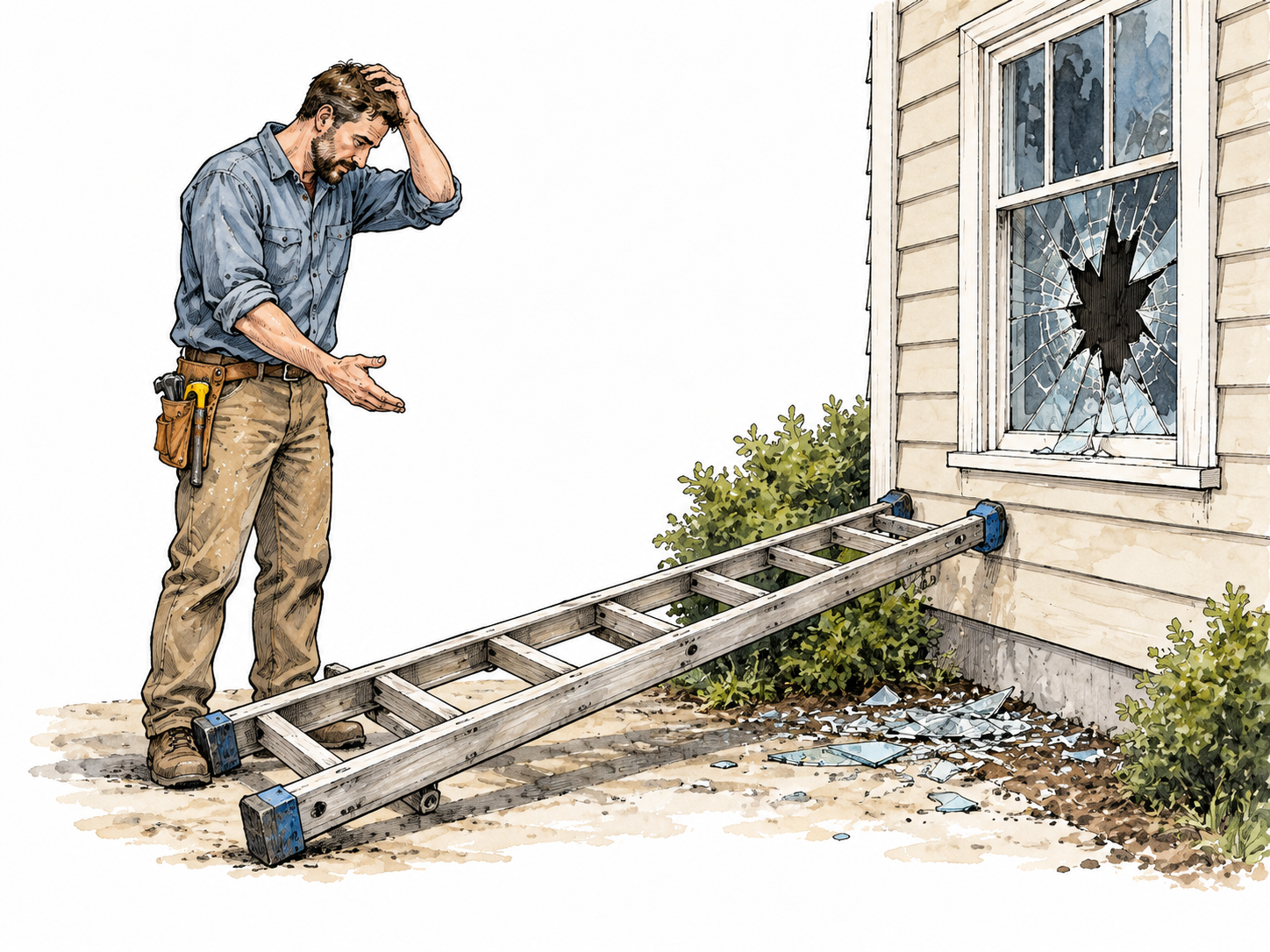 A careless builder acknowledges an unsecured ladder that fell and broke a window, physical evidence of responsibility, no injuries.