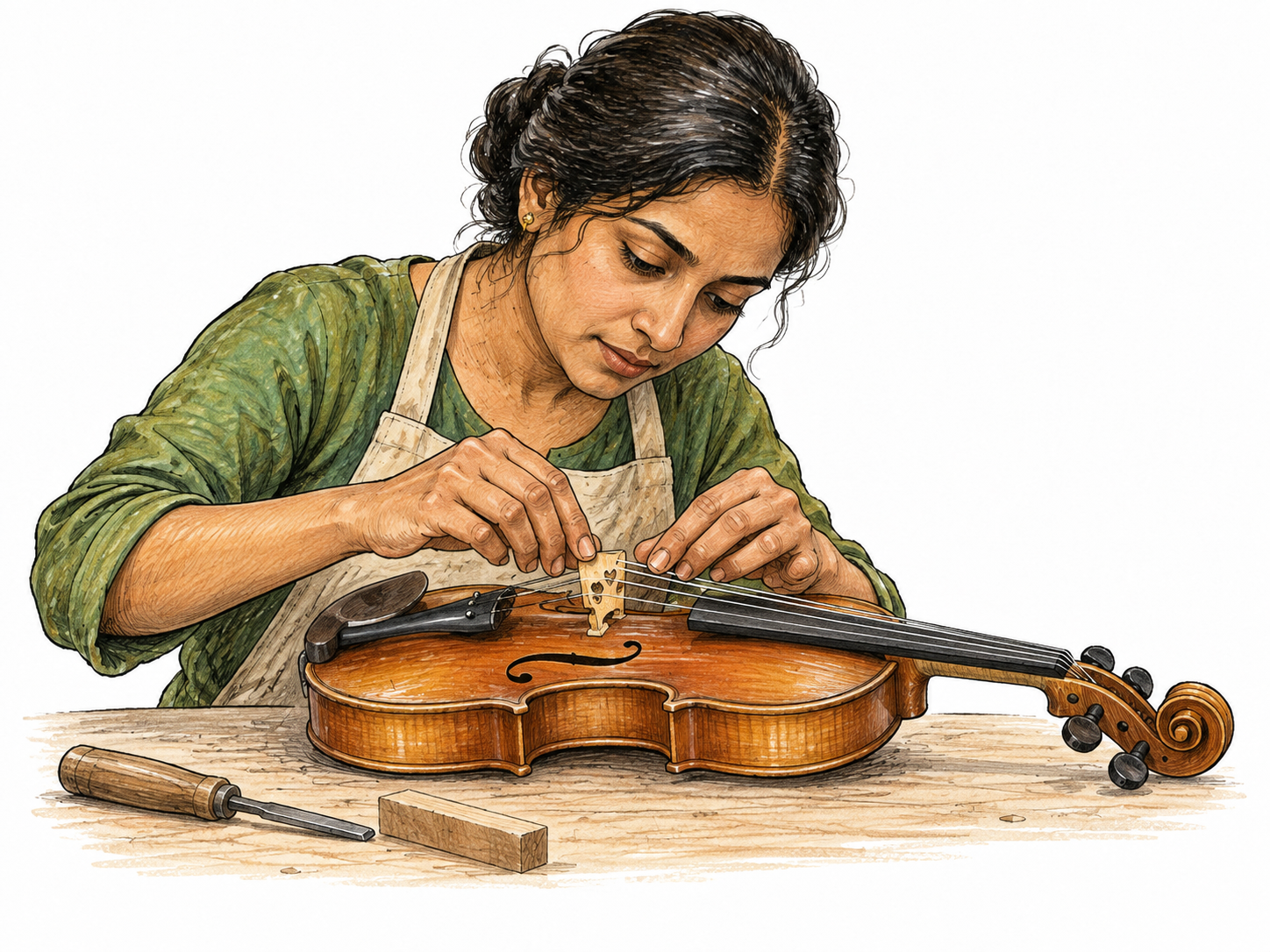 An adult South Asian violin maker delicately adjusts the tiny wooden bridge of a violin with careful fingertips, controlled subtle precision visible.