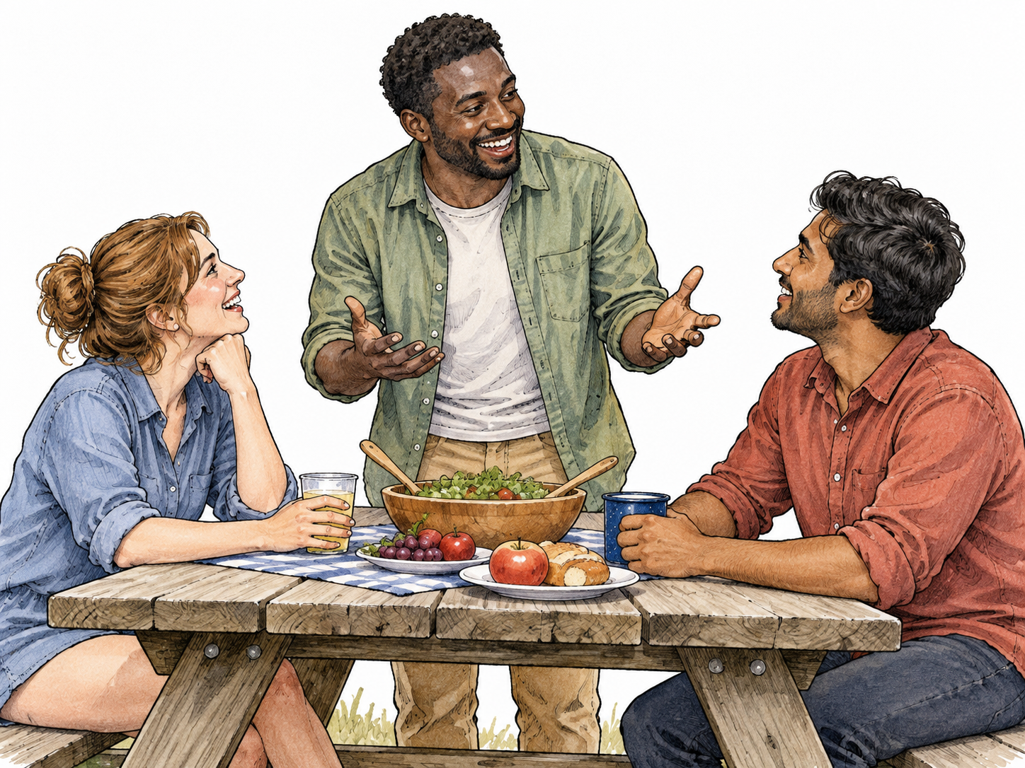 Adult warmly starts conversation with newcomers at a picnic, open welcoming gestures and several responsive faces, active enjoyment of social interaction.