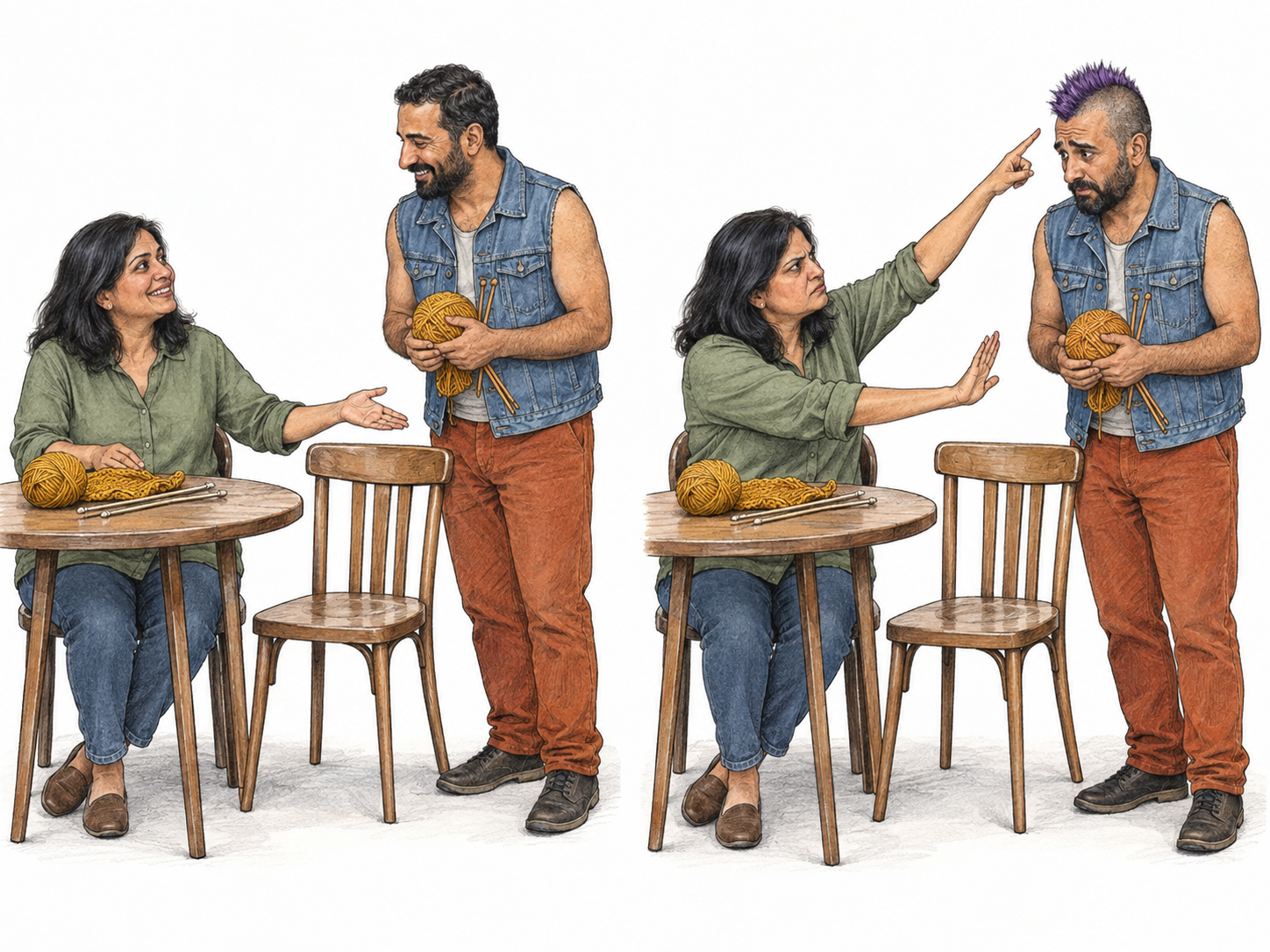 Intolerance shown through contrasting treatment of the same craft participant: a woman welcomes him when his hair is conventional but rejects him when he wears a violet mohawk, despite identical clothing, materials and an available seat.