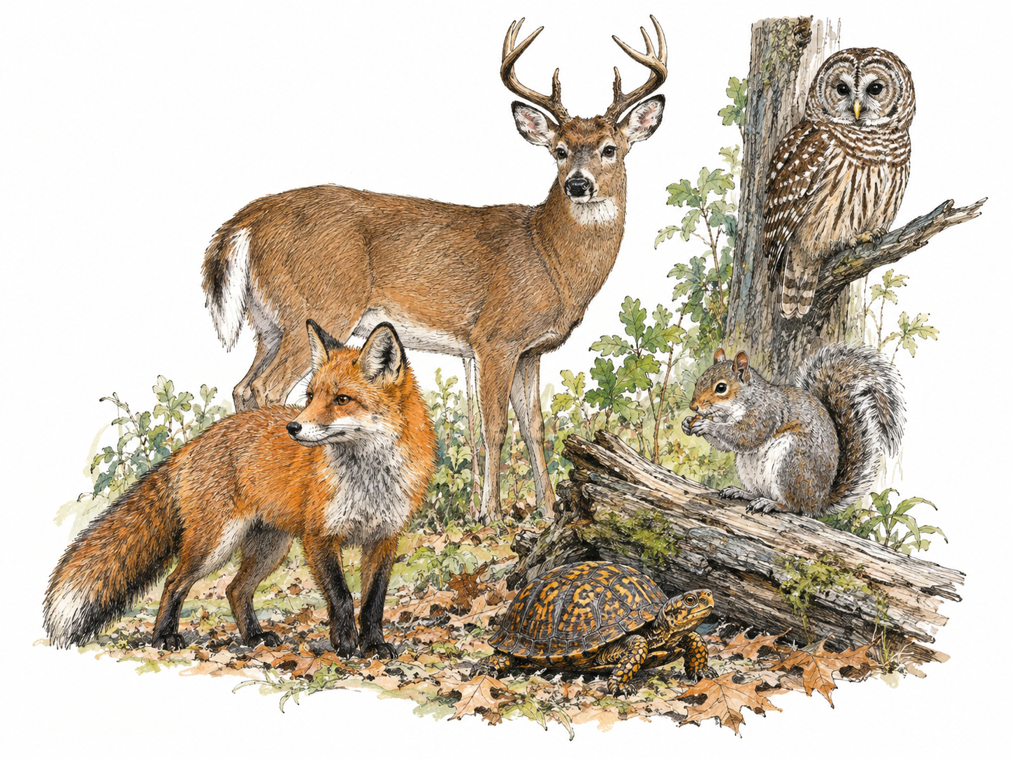 A compact naturalist grouping of animals from a temperate North American woodland: red fox, white-tailed deer, eastern gray squirrel, barred owl and eastern box turtle.