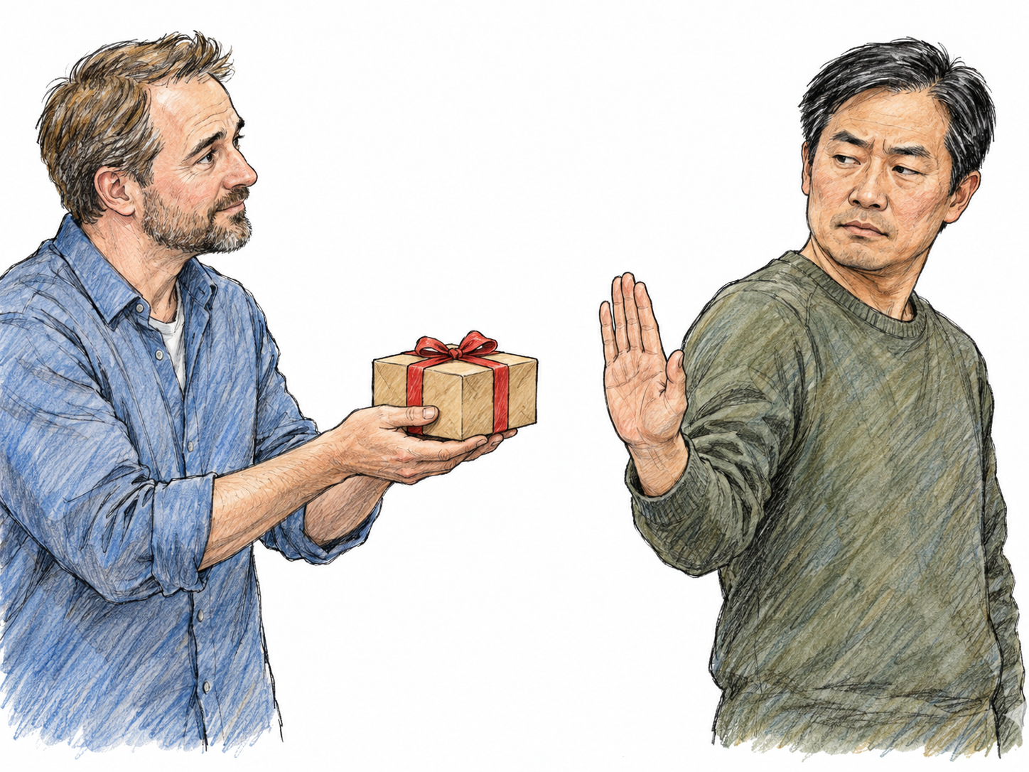 A man clearly declines a small wrapped gift offered by another man, holding up an open palm and gently turning away from the offered object.